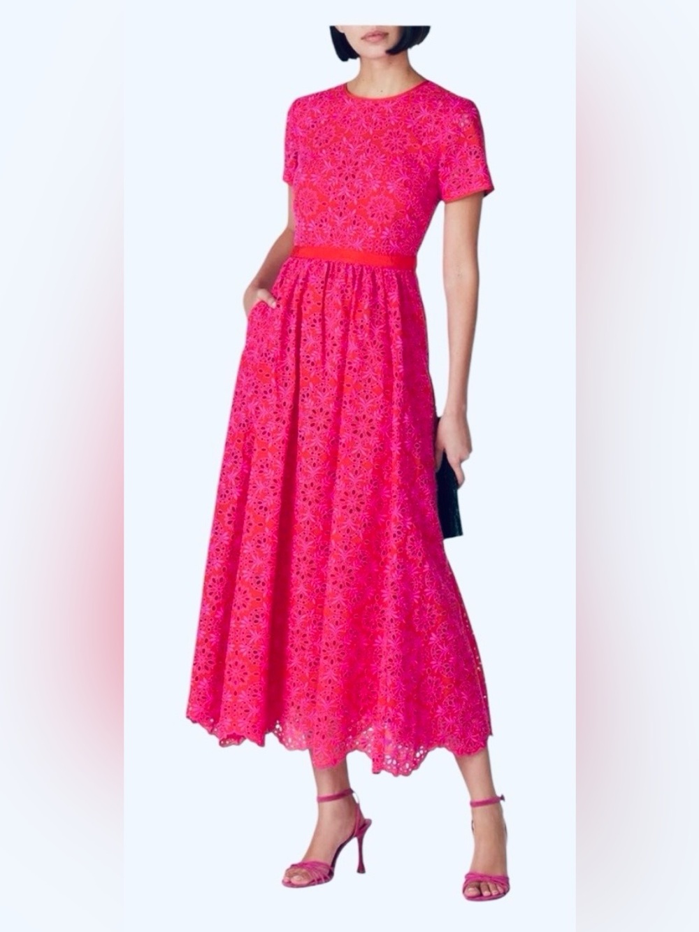 J. Crew Bright Pink Eyelet A-Line Midi Dress